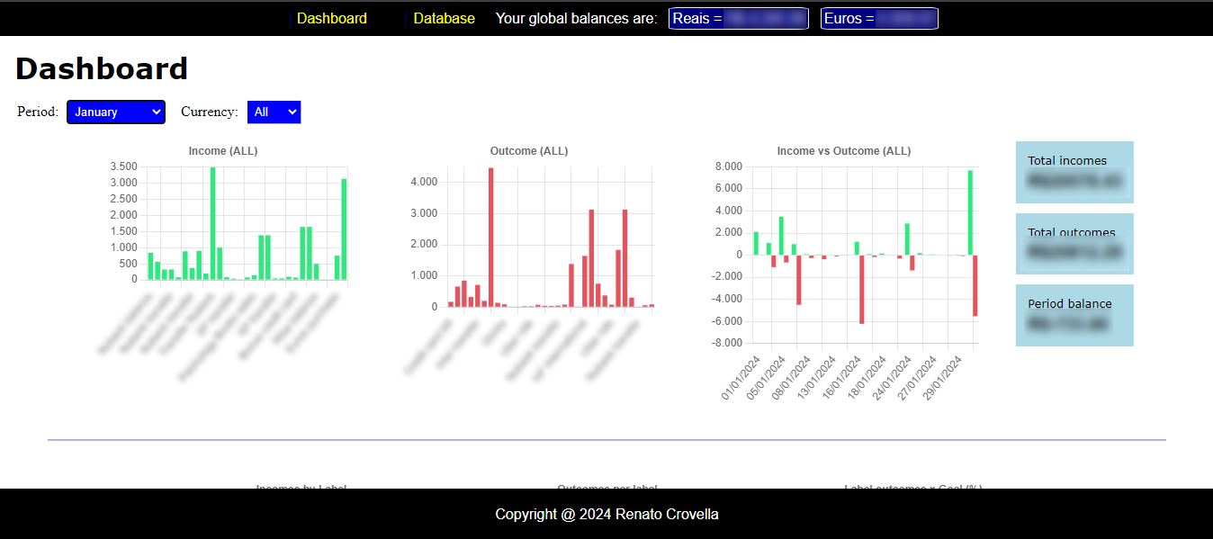 Screenshot of a financial planner dashboard with some charts and financial data hided with a blur effect